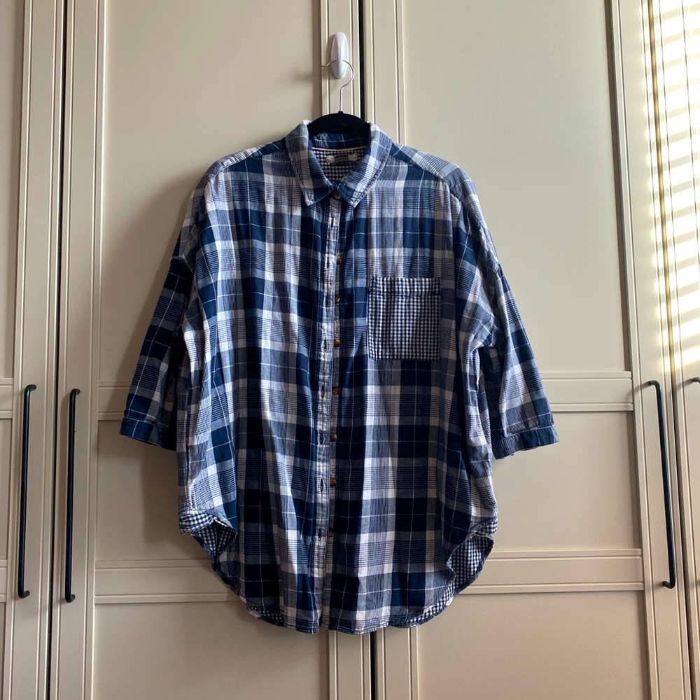 Oversized Anthropologie plaid woven button up shirt sz xs/s
